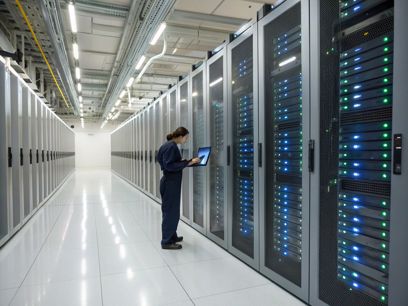 Wide view of the secure data center aisle