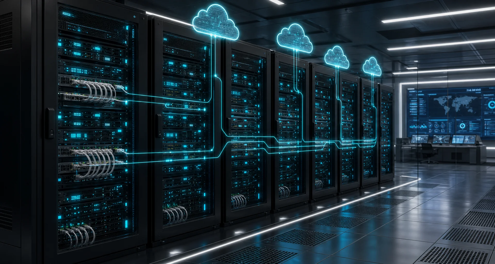 Modern data center facility at night