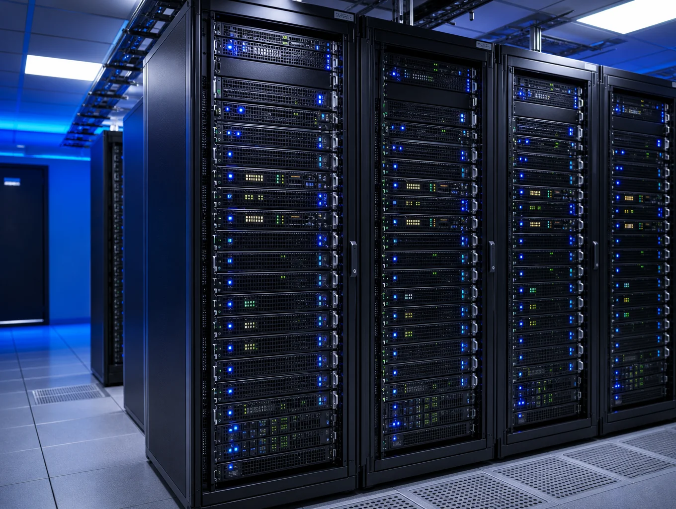 High-density server rack array with blue status lights
